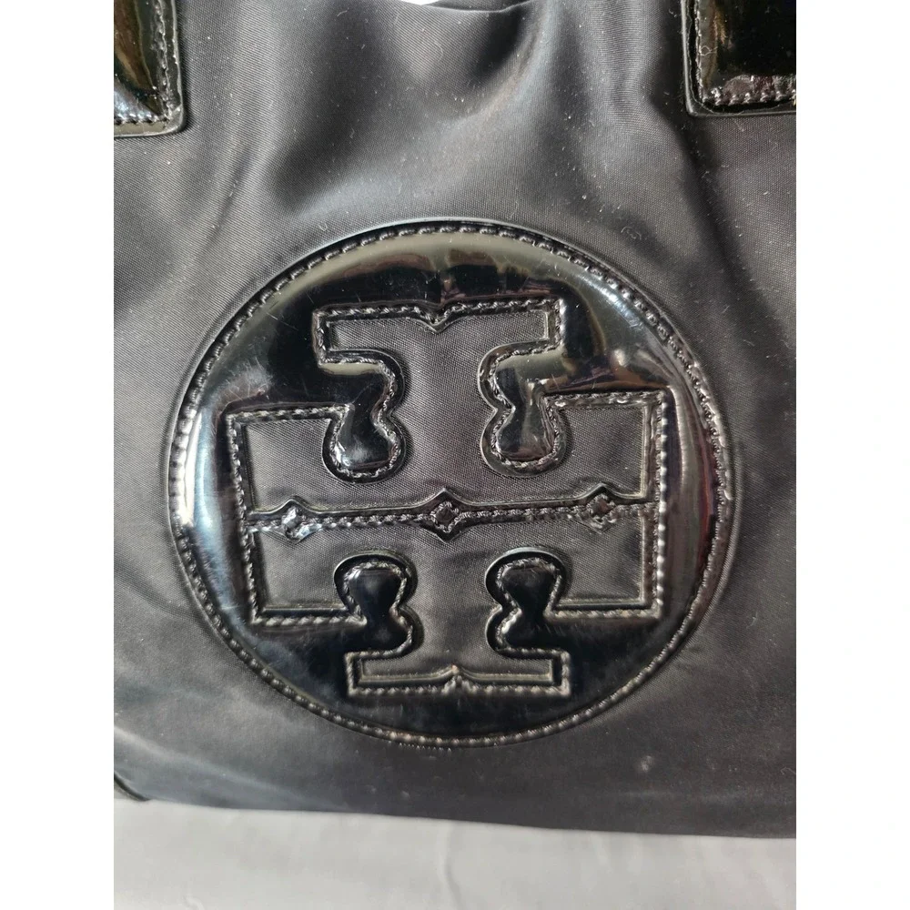 Tory Burch Ella Tote Bag Black Nylon Patent Leather Trim Logo Shoulder Bag Scarf